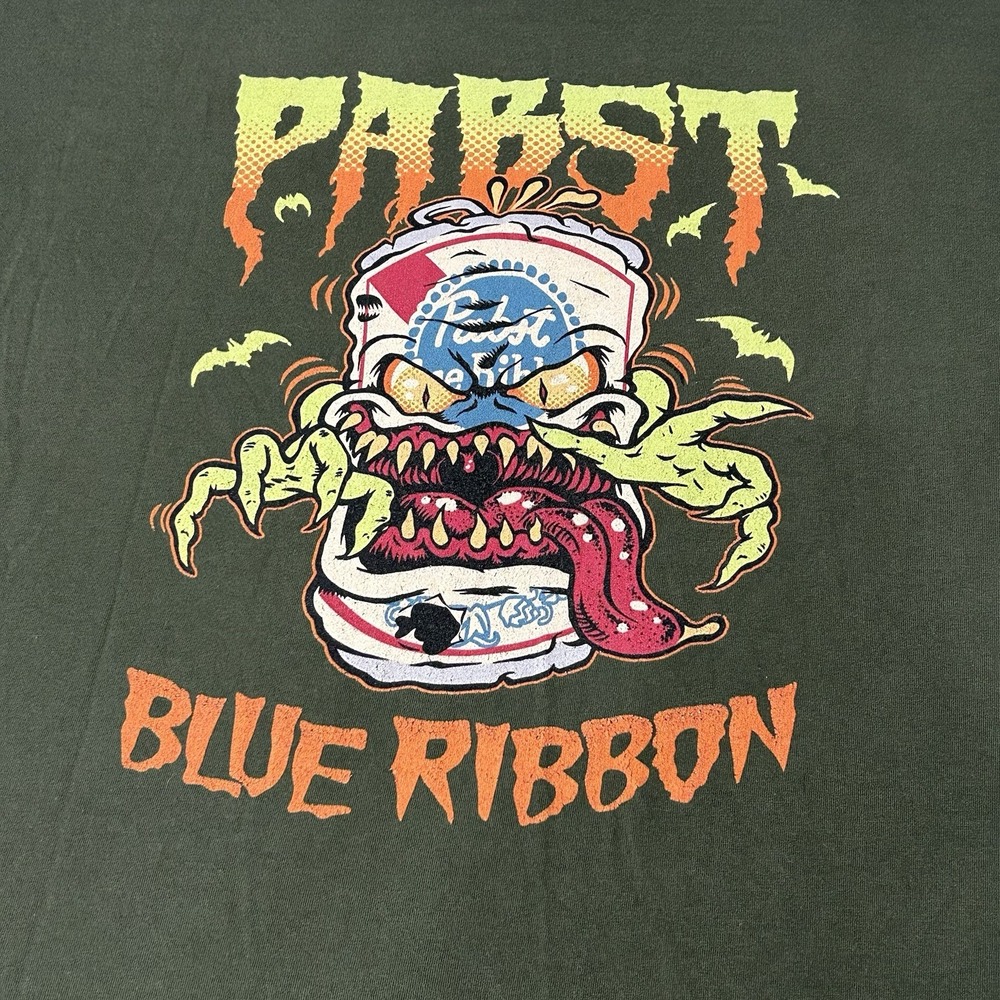 Pabst Blue Ribbon Shirt Mens XL Beer Can Monster Halloween Graphic Tee PBR Olive